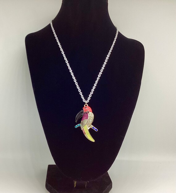 Large Toucan Bird Colourful Enamel Pendant and Chain Vintage