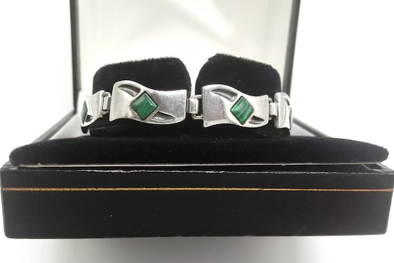 Quality Mexican Silver and Malacite Panel Bracelet Silver and Gemstone Bangle Birthday Gift Unisex Jewellery