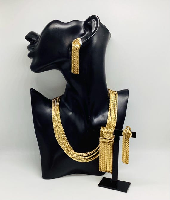 Signed 1963 Grossé Gold Plated Parure Necklace Bracelet Earrings Tassel Couture