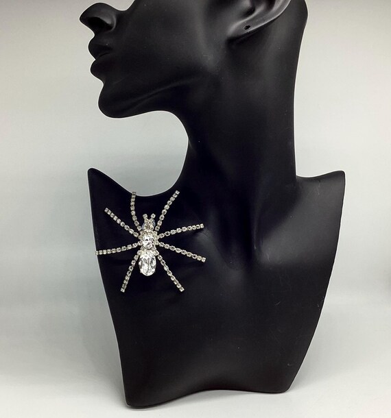 Huge Spider Brooch Pin Vintage 1980s Diamente Black and Crystal Jewellery Hallowe’en Unisex