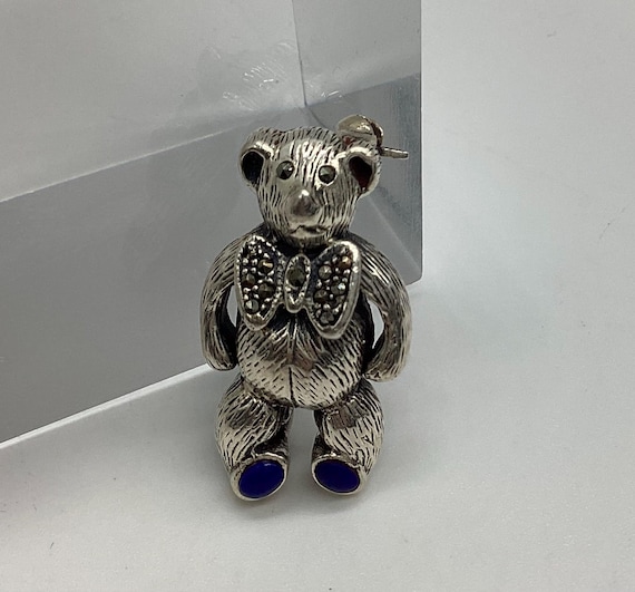 Dainty Silver Teddy Bear Brooch Marcasite Bow Tie and Lapis Lazuli Foot Pads Birthday Christening Gift  Baby Shower