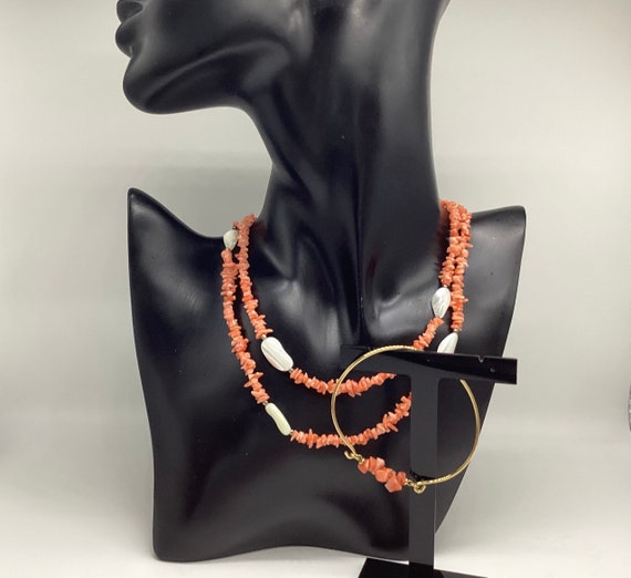 Coral Necklace and Matching Gilt Bead Bracelet Peach Irregular Beads and Polished Pearl