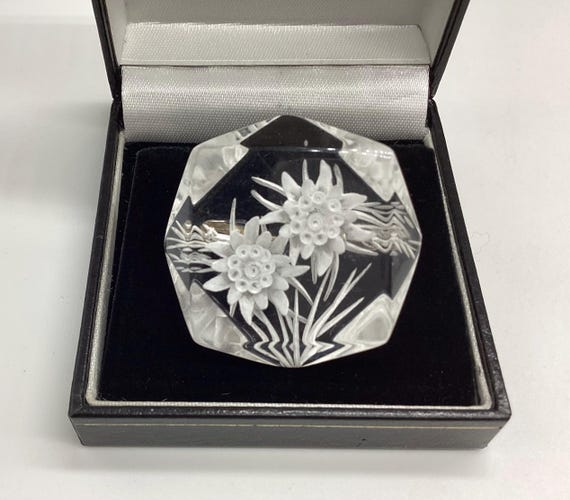 Rare Art Deco Reverse Carved Early Lucite Flower Edelweiss Brooch Trombone Clasp