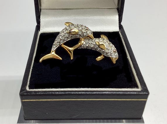 Swarovski Double Dolphin Crystal Brooch-Pin Vintage