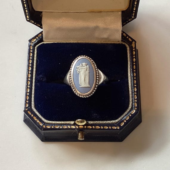 Early Wedgwood Ring Rare Hallmark 1958 Blue Jasperware Oval Cameo Turpsicore Greek Goddess of Dance
