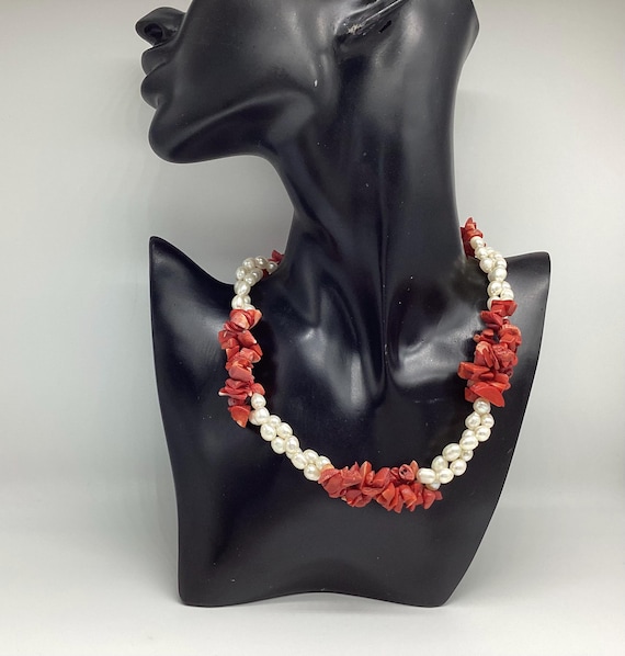 Fabulous Fifties Red Mediterranean Coral and Cultured Pearl Double Strand Necklace Retro Vintage Choker Adjustable
