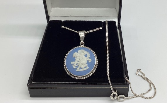 Wedgwood Blue Jasperware Cupid Pendant and Chain Vintage 1970s Hallmarked Silver Valentine Love Wedding Bridal Romance