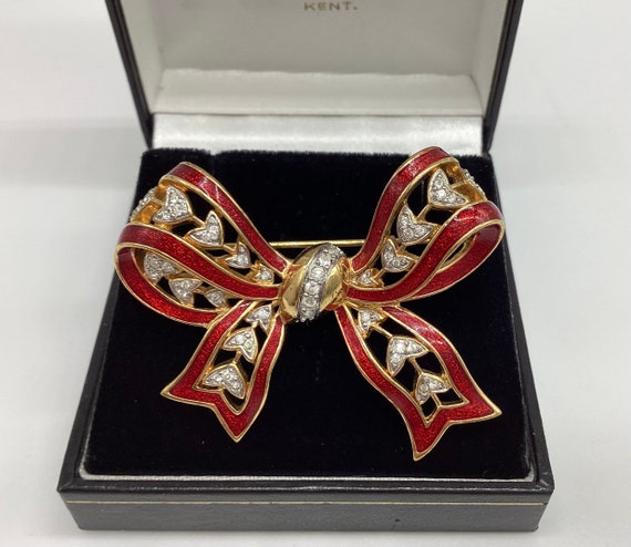 Stunning Bow Brooch Large Red Enamel and Fine Crystal Set Quality Vintage Jewellery Birthday Gift