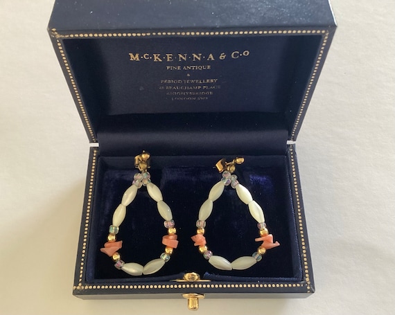 Fabulous Fifties Pearl and Angel Skin Coral Bead Hoop Earrings Dangle Vintage