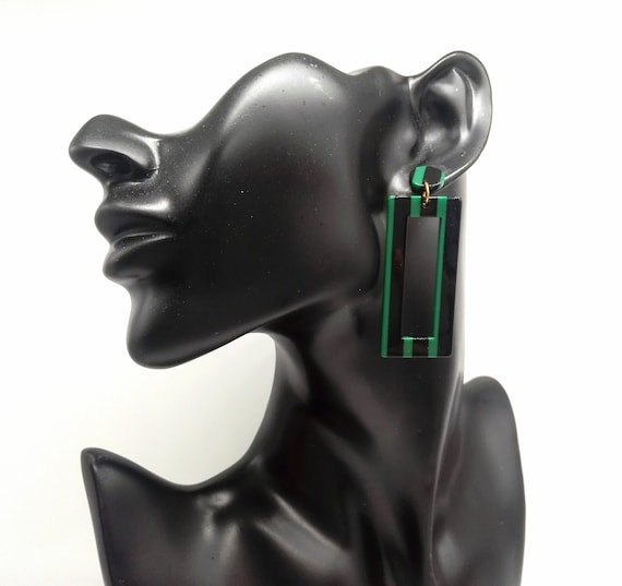 Op Art Green and Black Geometric Dangle Drop Earrings Vintage Plastic Retro Jewellery