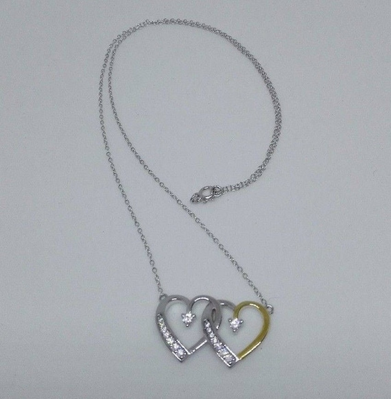 Double Linked 925 Silver Hearts Pendent and Chain  Set with Cubic Zirconia Valentines or Christmas Gift of Love Wedding  Necklace