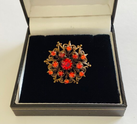 Tiny Czech Ruby Red Glass Brooch Pin Dainty Filigree Setting Art Deco Bohemian Jewellery