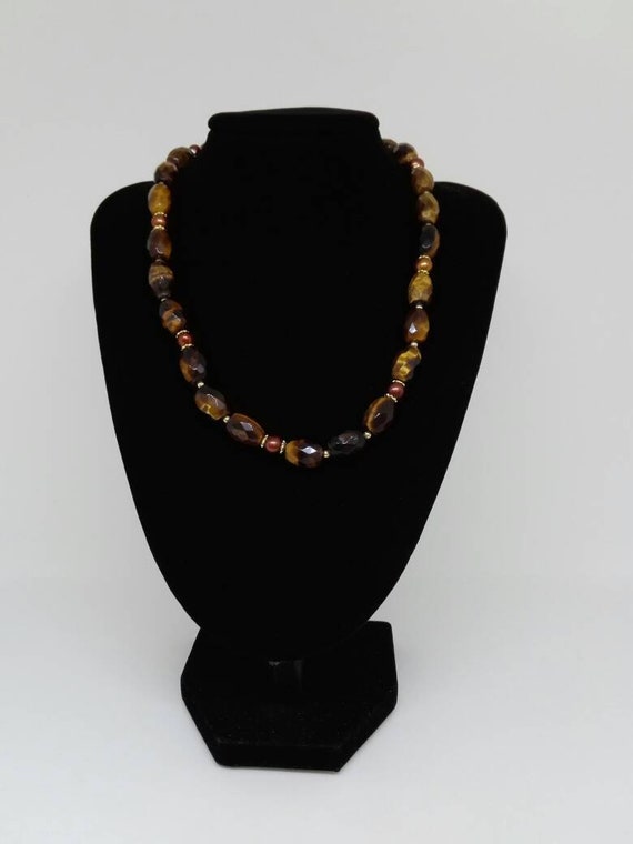 Lovely Quality Faceted Tiger's Eye Beads and Chocolate Pearl Vintage Necklace Autumnal Colours and Gold Tone Beads.