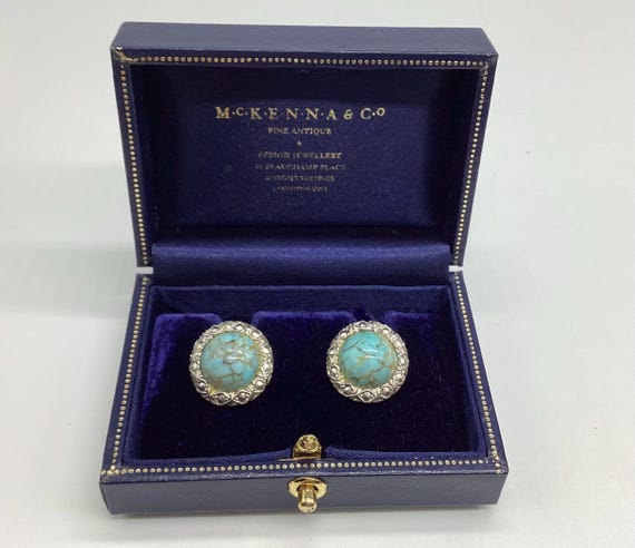 Clip On Earrings Fabulous Vintage Peking Glass Marcasite and Pewter Stud
