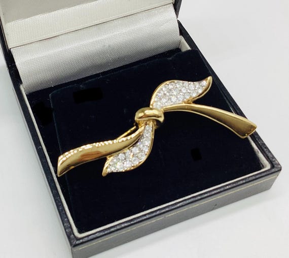 Vintage Attwood & Sawyer Bow Brooch Gold Plated Swarovski Crystal