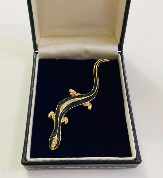 Rhinestone and Black Enamel Gold Plated Large Vintage Lizard Brooch Salamander