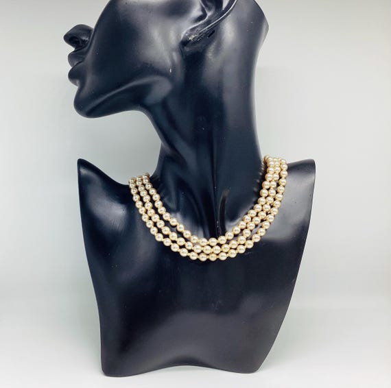 Vintage 1950s Choker Triple Strand Champagne Pearl Choker June Birthstone Crystal Set Clasp Wedding Bridal