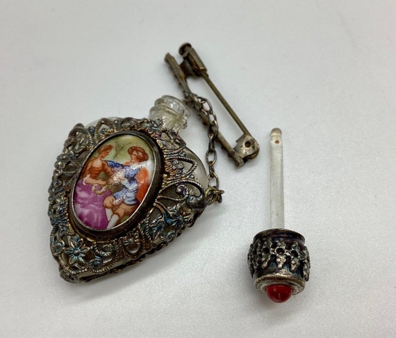 Deco Perfume Bottle Brooch Fragonard Painted Porcelain Plaque Jewel Dipper Trombone Clasp Collectable