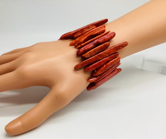 Rare Carved Coral Bracelet Salmon Deep Posts Pretty Double Strung Re-purposed