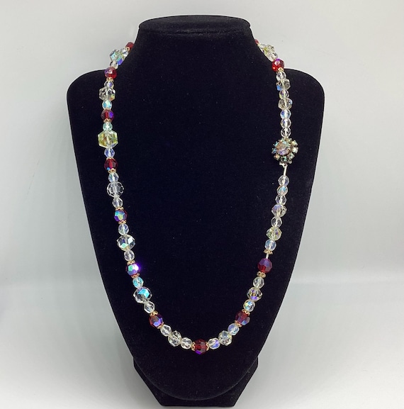 Czech Vintage Necklace 1930's Faceted Ruby Red and Aurora Glass Crystal