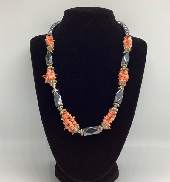 Vintage 1930s Pink Coral & Black Hematite Bead Necklace
