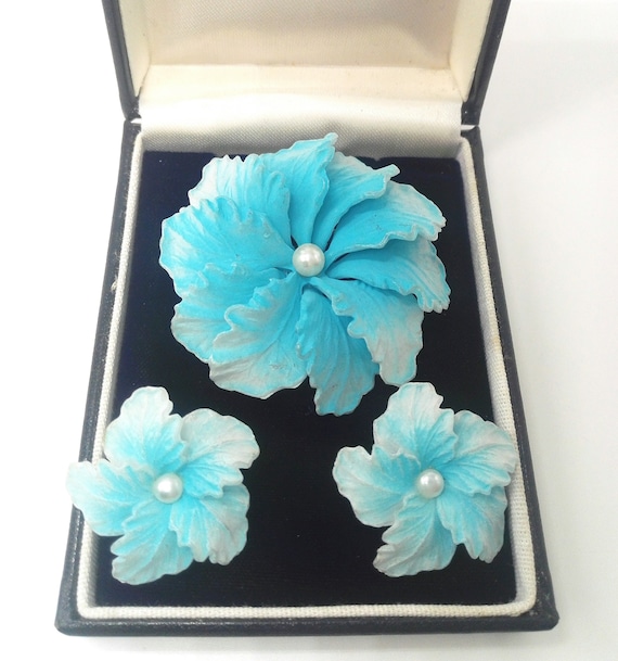 1950's Retro Plastic Brooch and Earrings Signed Germany Vintage Jewellery