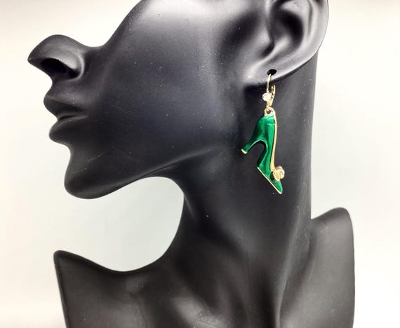 Vintage Signed Butler and Wilson Green Enamel Shoe Earrings