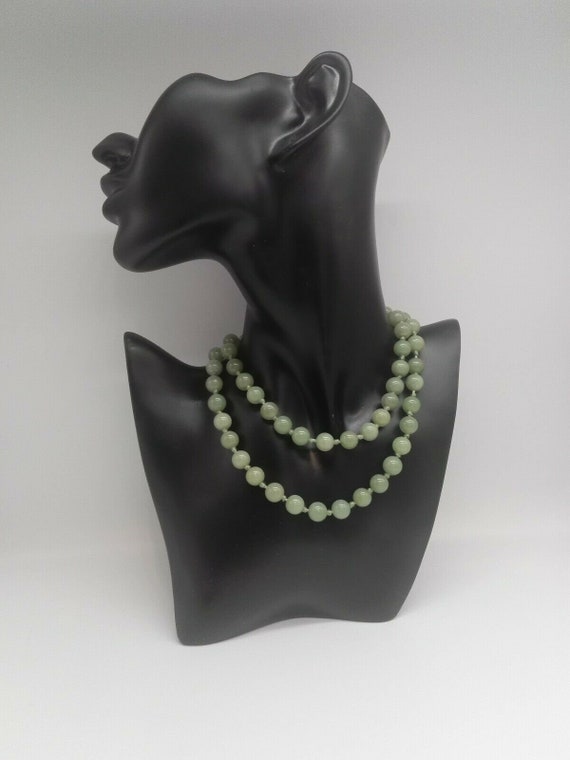 Vintage Apple Jade Bead Long Length Necklace 27 inche 70 grams Hand Knotted Silk 12th Wedding Anniversary March Birthstone Health Well Being