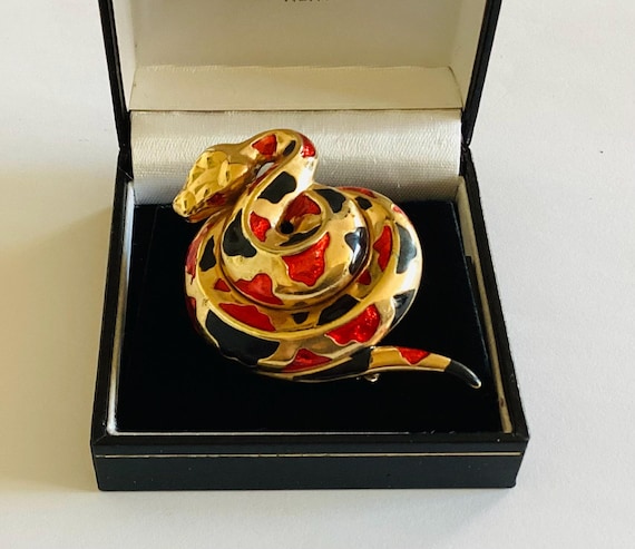 Enamel Coiled Snake Brooch Red and Black on Gold 1980s Vintage