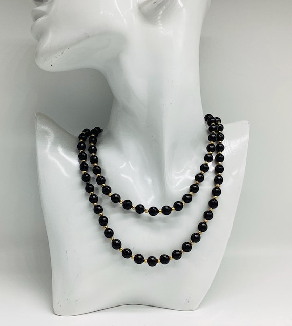 Vintage French Jet Glass Bead Necklace 1940s Style Revival 35 Inches Flapper Length