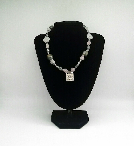 Vintage Rose Quartz and Labradorite Necklace with Silver Beads and Fixings Stunning Natural Gemstone Jewellery Wedding Bridal