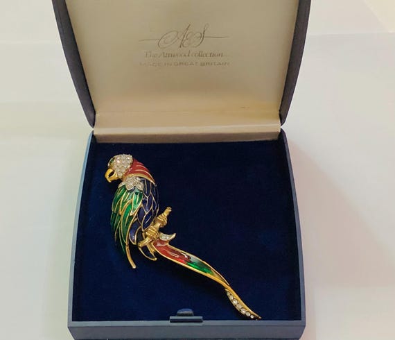 Attwood & Sawyer Parrot Brooch: Original Box Swarovski 22ct Gold Plated Enamel