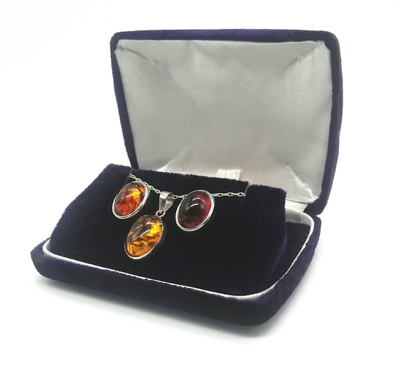 Cabochon Amber and Sterling Silver Earrings Pendant and Chain Birthday Gift