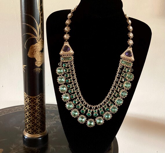 Spectacular Lee Angel Crystal Necklace Vintage 1980s Multi-Strand Emerald Green Amethyst Midnight Blue Gems