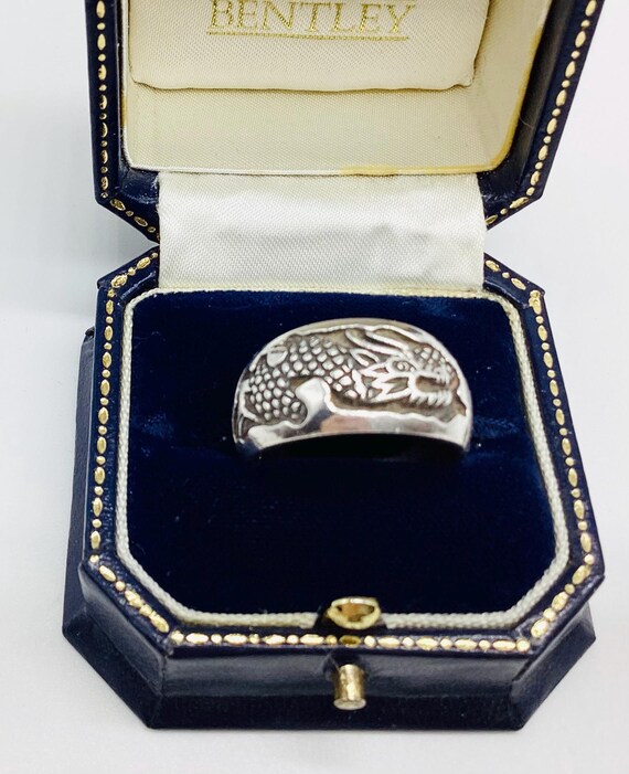 Super Wide Silver Ring Heavily Embossed Dragon