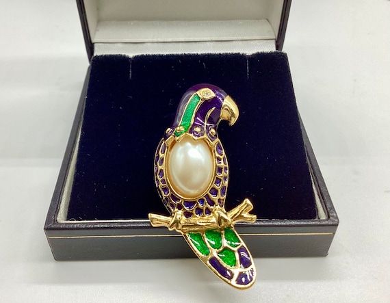 Pearl and Enamel Parrot Brooch Art Deco Style Vintage