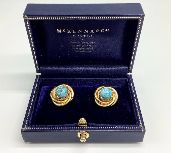 Czech Peking Glass Clip on Earrings Speckled Sky Blue and Gold Coiled Gold Tone Setting
