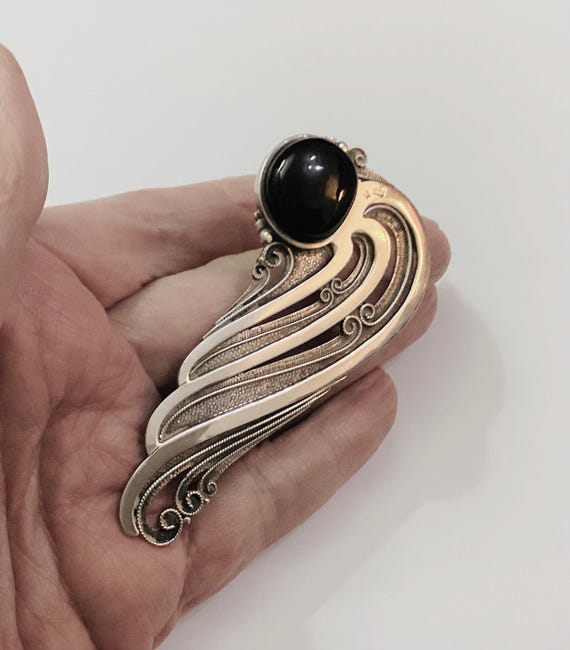 Art Nouveau Revival Black Onyx Sterling Silver Brooch