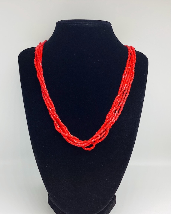 Lipstick Red Five Strand Rope Glass Bead Necklace Matinee Length 24 Inches