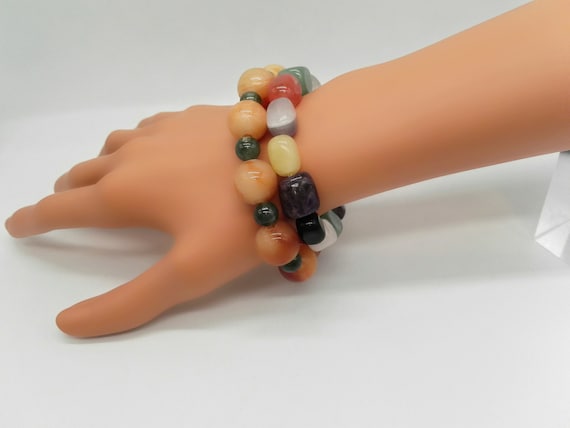 Two Pretty Natural Polished Gemstone Stretch Bracelets Rose Quartz Amethyst Quartz Agate Aventurine Crystals Wellbeing