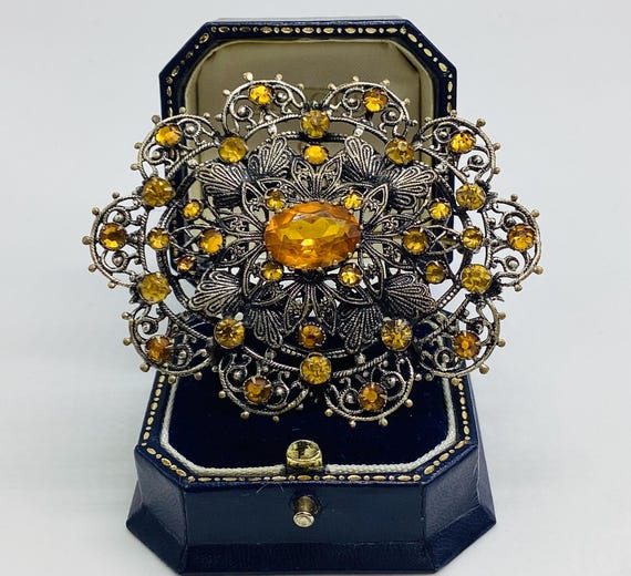 Huge Spectacular Czech Topaz Glass and Filigree Brooch Pin 1930s Bohemian Art Deco November Birthstone