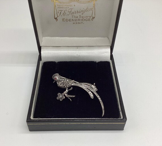 Dainty Silver Ruby Eyed Love Bird with Flower Vintage Marcasite