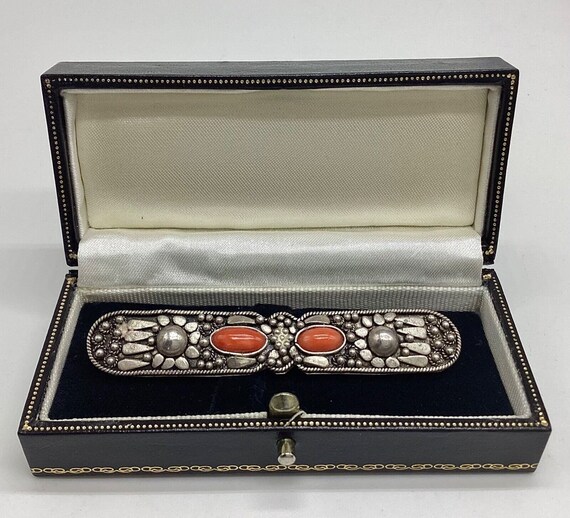 Red Coral and Silver Art Deco Ethnic Style Bar Brooch 35th Wedding Anniversary