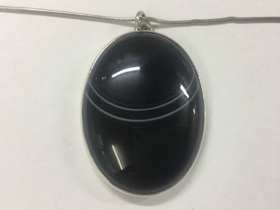 Large Striped Agate set in Hallmarked Silver Strung on Silver Snake Chain Fully Hallmarked London 1987 Birthday or Anniversary Gift