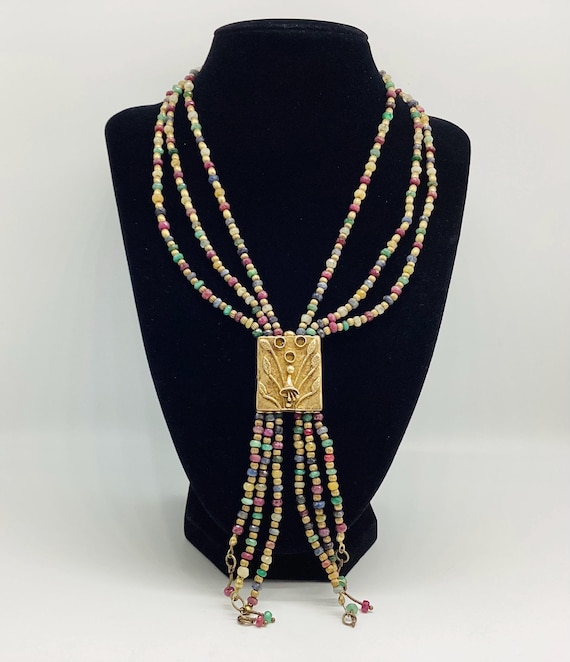 Vintage Gemstone Multi Strand Necklace Gilded Silver 925 Tassel Statement Necklace Art Deco Revival