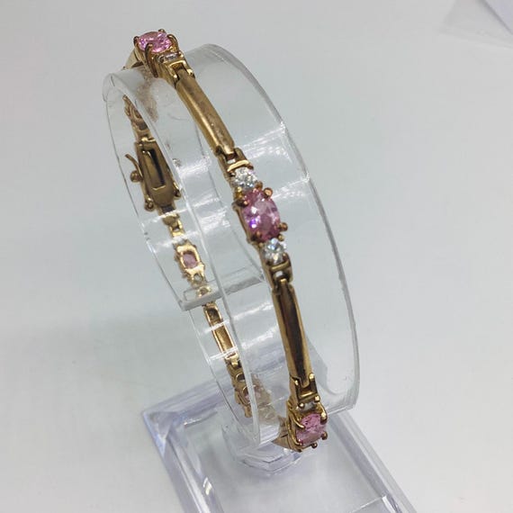 Gold Plated Pink Topaz Crystal Tennis Bracelet: 1990s Glamour, 7 inch