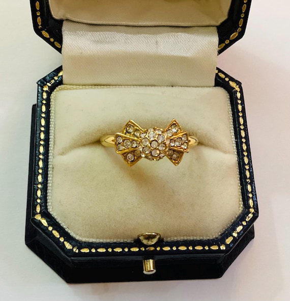 Vintage Attwood and Sawyer Swarovski Crystal Dainty Bow Ring 22ct Gold Plated