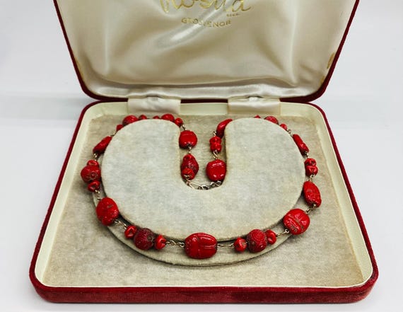 Czech Glass Egyptian Revival Red Scarab Bead Necklace Art Deco Max Neiger Style