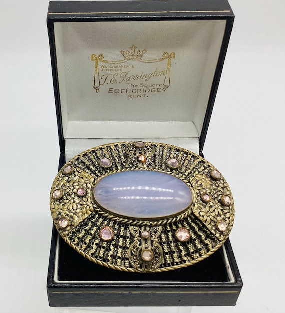 Large Czech Glass Moonstone Brooch Sparkling Pink Crystals