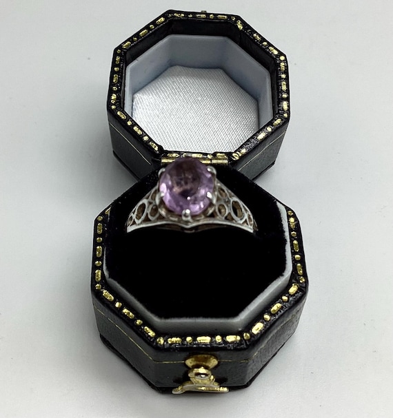 Amethyst Solitaire Ring Hallmarked 1978 Silver Lavender Coloured Stone in Scroll  Setting  Vintage Jewellery February Birthday Size L 1/2